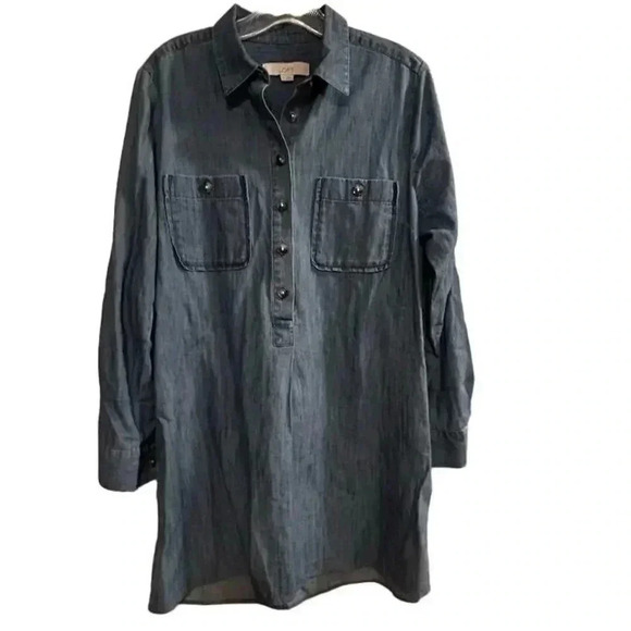 Ann Taylor LOFT Women's M Blue Denim Long Sleeve Tunic Dress Short Side Pockets - Picture 1 of 16